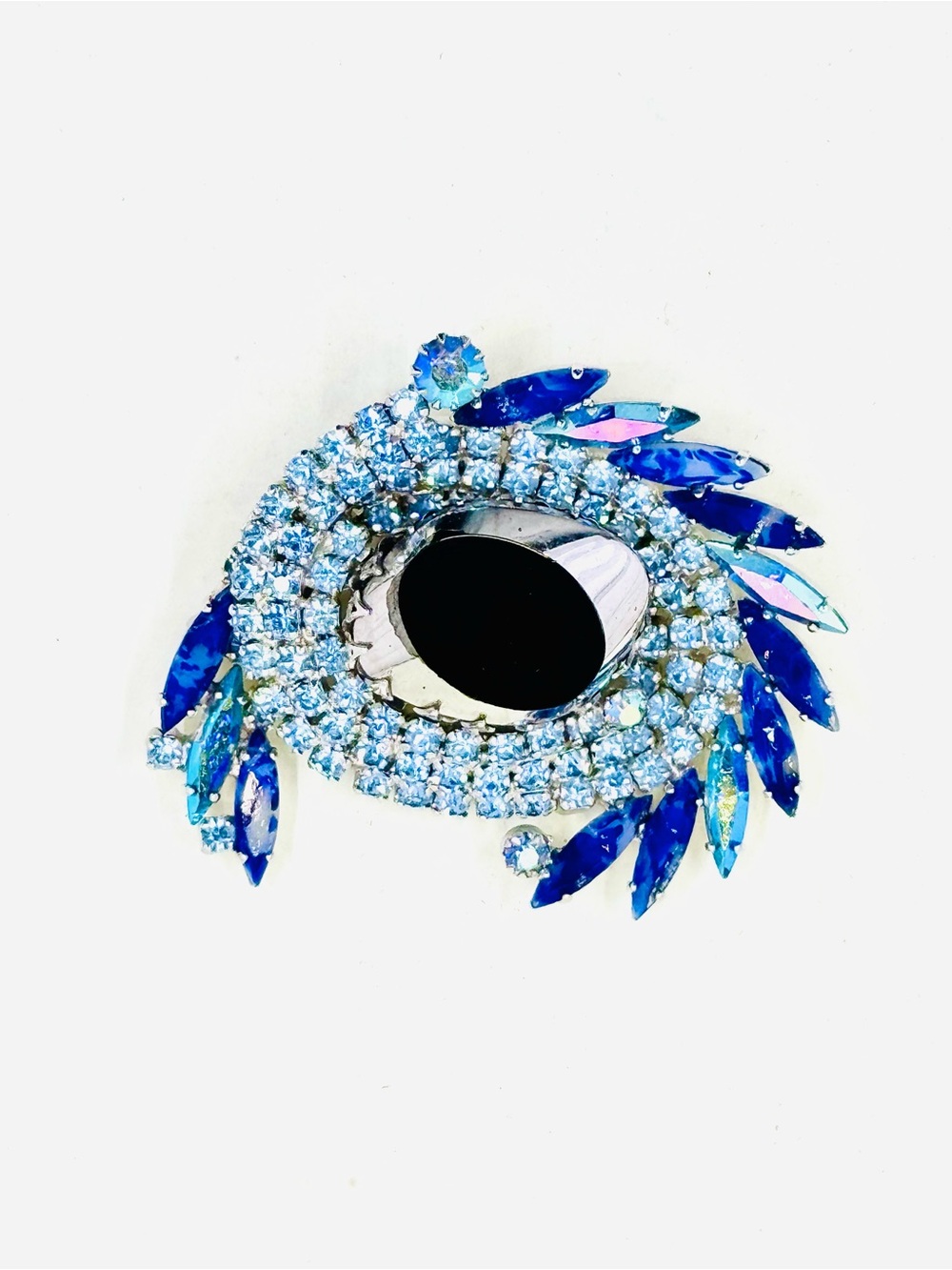 Alice Caviness Rare Vintage Black Glass Cabochon & Blue Rhinestones Brooch